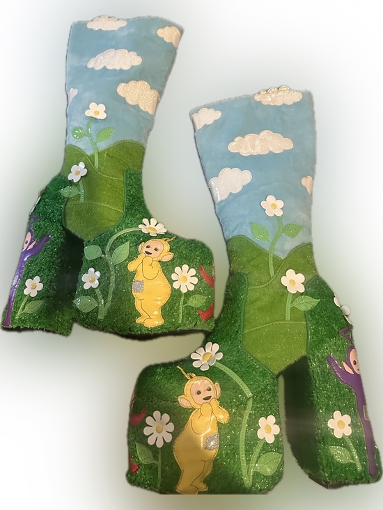 Dolls Kill Shoes - Dolls Kill Green & Light Blue Cloud and Daisy Platform Boots